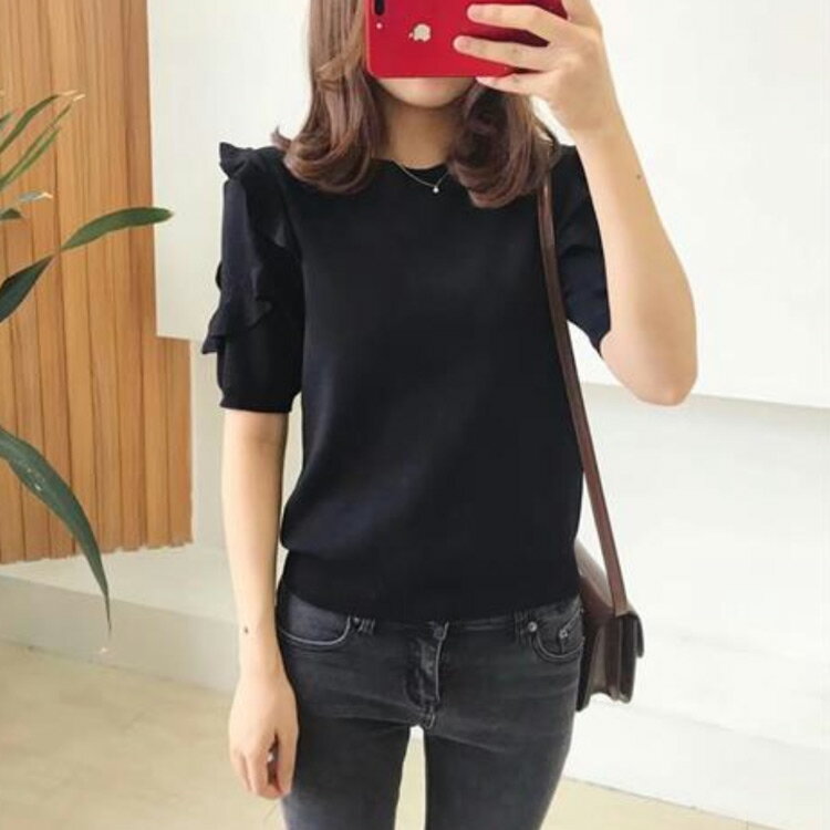 全4色×4サイズ！tシャツ レディース 半袖ニット フリル袖 肩開き ニットトップス 半袖 ニットソー ラウンドネック シンプル 可愛い 春夏 送料無料