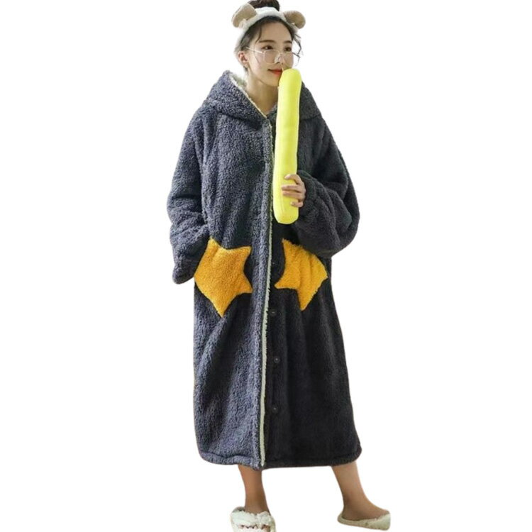 ルームウェア レディース 冬 もこもこ 着る毛布 ガウン ロング ボアフリース 部屋着 パジャマ ポケット付き フード付き 前開き ボタン マイクロファイバー 厚手 毛布 モコモコ 防寒 保温 暖かい テレワーク 寒さ対策 星柄 無地 配色 コーディガン [2]
