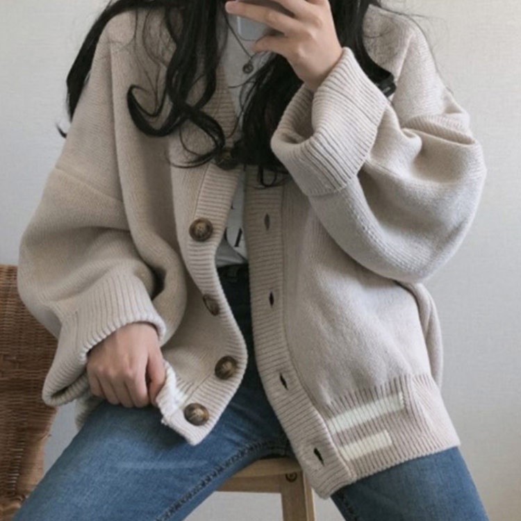 【送料無料】カーディガン レディース 秋冬 春 ゆったり 韓国風 おしゃれ Vネック 長袖 制服 相性抜群 ストライプ柄 冷え対策 冷房対策 長袖 入学 高校 通学 シンプル M L XL ダークグレー ベージュ