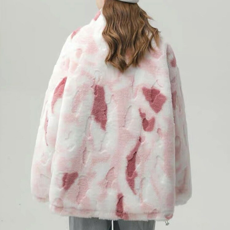 ボアジャケット レディース ボアフリース ジャケット ブルゾン タイダイ染め オーバーサイズ スタンドカラー ボアブルゾン もこもこ ふわふわ 厚手 秋 冬 アウター ジャンパー 冬服 防寒 あたっか 韓国風 学生 カジュアル オレンジ ブルー グレー ピンク