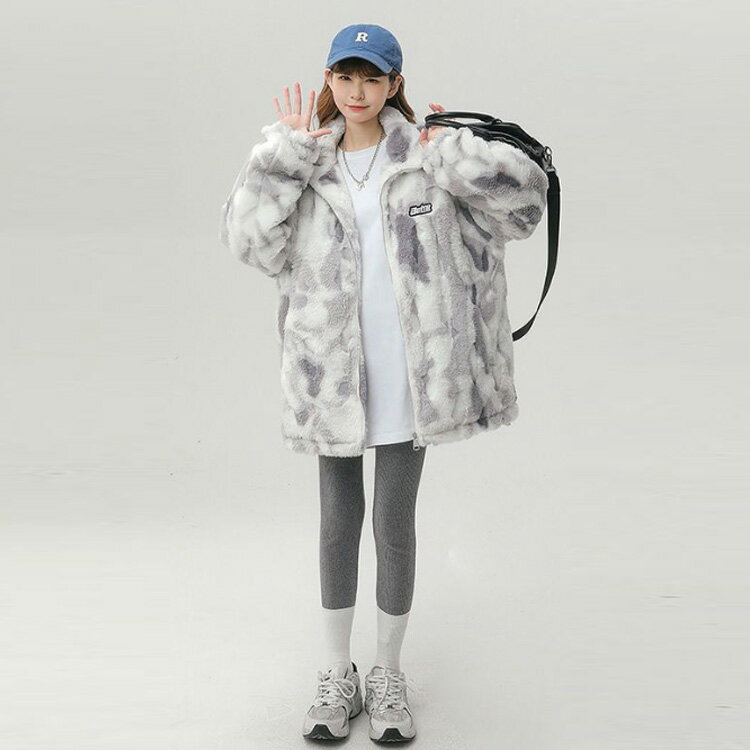 ボアジャケット レディース ボアフリース ジャケット ブルゾン タイダイ染め オーバーサイズ スタンドカラー ボアブルゾン もこもこ ふわふわ 厚手 秋 冬 アウター ジャンパー 冬服 防寒 あたっか 韓国風 学生 カジュアル オレンジ ブルー グレー ピンク