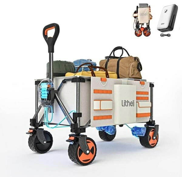 あらゆるアウトドアシーンで活躍する、 万能アイテム。 草地や舗装路、砂利道は もちろん、砂浜でもスムーズな移動が可能。 凸凹道や傾斜地でも安心して使用できる。 ※湿った砂と粗い砂のみに適しています。 乾いた細かい砂には対応しておりません。 電動キャリーワゴンの自走モジュールにより、 ボタンひとつで自動的に動き出す。 重い荷物を運んでも力がほとんど要らないので、 平地だけでなく坂道も軽々対応。 新しい収納デザインにより、折り畳む手間がなく、 より小さなスペースにコンパクトに収納可能。 Litheli独自のUltraSpeed Power Systemを搭載し、 最大出力は900w、0.6~1.3m/sの三段変速が可能で、 路面状況に応じてスムーズにスピードを調整できる。 電力が切れても、たった3秒でバッテリーを 交換して電力復活。 U20バッテリー1個付きで、 荷重60kgの状態で約3.4kmまで走行可能。 ■仕様 最大出力：900W タイプ：電動駆動 付属品： U20バッテリー×1・荷物固定ベルト×1 ・U20バッテリー充電ケーブル×1 サイズ： 展開サイズ 110×58×68/103cm 収納サイズ 42×33×75cm 容量：150L 仕様：3段変速・電動クライミング・多地形対応 耐荷重：100kg