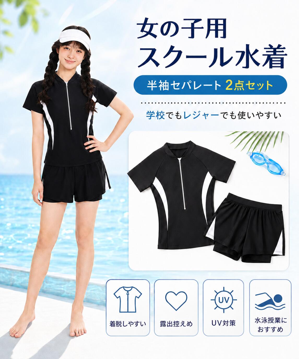 【残りわずか★即日発送！】スクール水着 女の子 セパレート 半袖 キッズ 水着 子供...