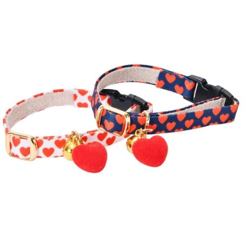 【メール便】CAT Amo.k アモワークス キャット 　フロッキーハート カラー ホワイト ネイビー S M サイズ 猫用 首輪 セーフティーバックル 810154