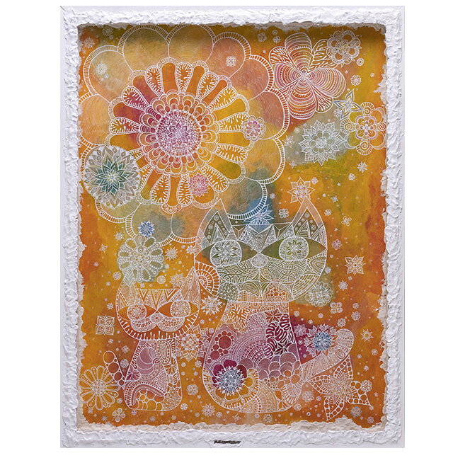 楽天スーパーSALE 希少品原画・。白線画家『猫沢八郎』【※※原画※※】DRAWS CAT and FLOWERS. 猫八が描く猫と花。猫八猫花画。F50号サイ...