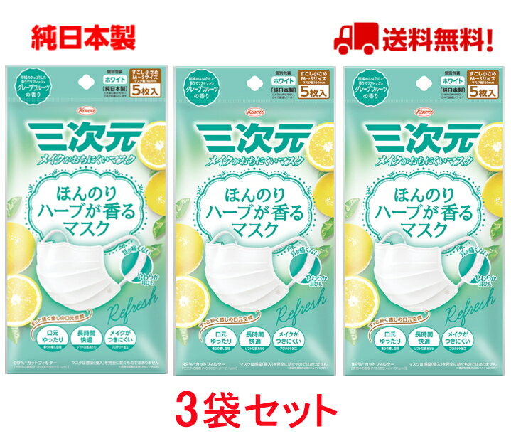 三次元マスク グレープフルーツの香り　少し小さめサイズ ハーブ 5枚入 ほんのりハーブが香るマスク 興和三次元マスク 日本製 コーワ 使い捨て サージカルマスク ウイルス対策 花粉対策 送料無料【5枚入りx3袋セット】 メール便　メイク崩れ防止 メイク 落ちにくい リフレッシュしたいときに、ニオイ対策に、おやすみの時間に。ハーブの香りに包まれて、こっそりいつでもアロマ時間。メイクがおちにくいマスクの機能はそのままにハーブの香りに癒される香り付きマスクです。柑橘のさっぱりした香りでリフレッシュ。グレープフルーツの香り。JAN コード : 4987067324606■マスク幅：160mmすこし小さめM〜Sサイズ■セット内容：5枚入り＊3袋セット　（計15枚入り）■生産国：日本製【製造販売元・お問い合わせ先】興和株式会社03-3279-7755平日9:00〜17:00【広告文責】猫五郎合同会社03-6874-4451 2