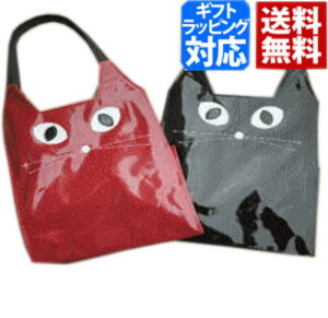 ランチバッグ 猫顔 猫柄バッグ サブバッグ 猫グッズ 猫雑貨 プレゼント 猫好き ビニールコーティング トートバッグ 黒/赤|