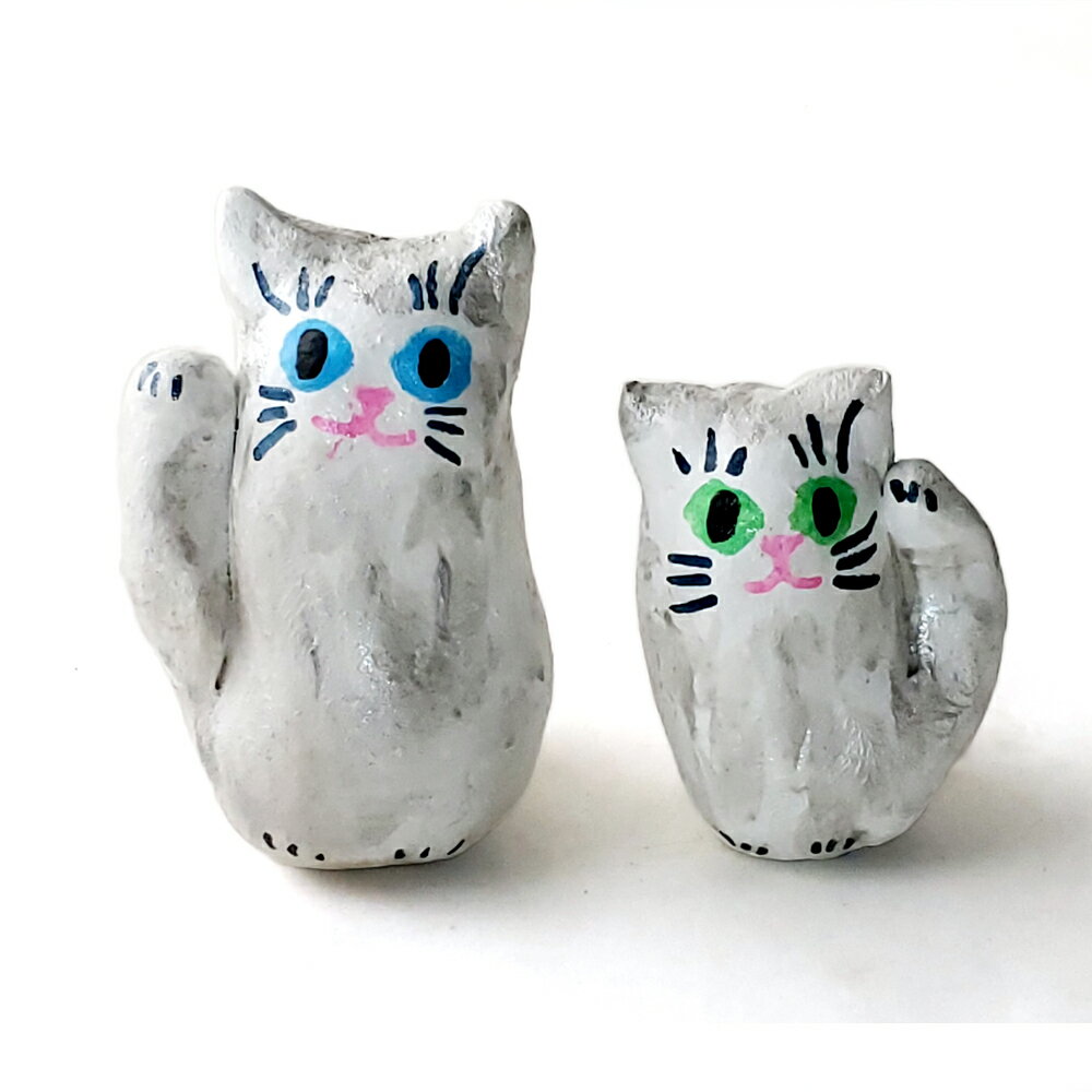 カナサン堂のちいさなペア招き猫「銀色毛長ネコズ」-The golden long hair cat- 【楽ギフ_包装】金運/人気運/ギフト/プレゼント/幸運/ラ...