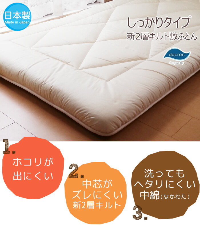 敷布団 シングルスーパーロング 100×230cm 日本製 ダクロン SUPPORT Mat fiberfill（ホロフィル）しっかりタイプ 芯がズレにくい新2層キルト No.26 アレルギー対応 ホコリが出にくい インビスタ社