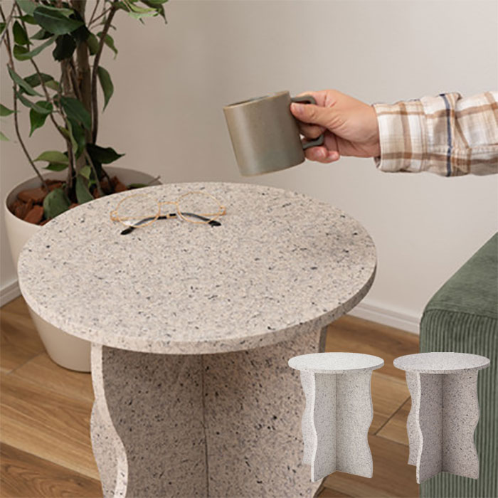 サイドテーブル（1点単品）MAR-10 マーブル テーブル ミニテーブル ナイトテーブル コーヒーテーブル 繊維板 おしゃれ シンプル シック モダン テラゾー柄 石柄 大理石柄 曲線 オブジェ