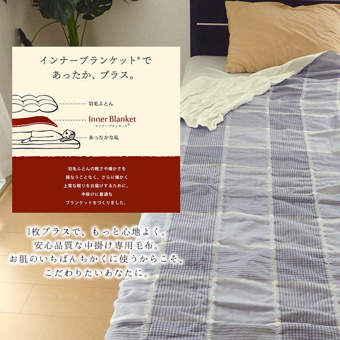 送料無料 日本製 西川 毛布 インナーブランケット くしゅっとガーゼ 150X200cm 毛布 軽量毛布 あったか毛布 柔らか毛布 ウール100％ インナーケット チェック柄 プレゼント ギフト 誕生日 母の日 父の日 敬老の日 10便 FQ01133000 E-16