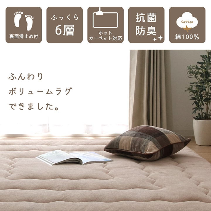 ふっくら6層パイルラグ 厚手こたつ敷き布団 正方形 約190×190cm さらさらパイル仕様6層タイプ 抗菌防臭 無地 ホットカーペット 床暖房対応 ベージュ 6023609 ネイビー 6023709