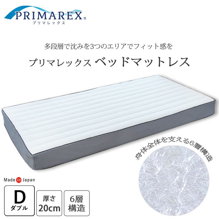 PRIMAREXは最高の睡眠環境へと導き 質の高い睡眠時間を完全サポート プリマレックス　ベットマット　140×198×厚さ20cm　ダブルサイズ 三次元網状構造体プリマレックスは新世代のサポートクッション材 PRIMAREX（プリマレックス） クッション材に編成樹脂構造体E-COREを使用。 三次元網状構造体で就寝時の身体をあらゆる方向から支える プリマレックスは新世代サポートクッション材です。 ※画像はシングルサイズを使用しています。 プリマレックス（編成樹脂構造体E-CORE）は 特殊ポリエチレン樹脂をバネ状にし、融着させて仕上げたクッション材です。 へたりにくく通気性、透水性、体圧分散に優れています。 復元力に優れ、頭が沈みこまず寝返りも楽にできます。 【プリマレックスの特徴】 ○復元力とスプリング性能に優れています 繊維状の特殊ポリエチレンを立体的にあらゆる方向に融着し、 繊維が良く絡みあうことで復元力とスプリング性能が向上しています。 ○身体をしっかりささえ、姿勢も楽に 三次元の網状構造体になっているため、適度な体圧分散性で 身体をしっかりささえ、姿勢が楽です。 ○オープンコア構造 コアの表面層を形成するのでなく、絡みあった繊維をできるだけ 自然の状態にすることで、表面の繊維が独立し身体をしっかりささえます。 ○通気性抜群で夏も快適 90％が空気の層でできているから、通気性が抜群で蒸れることがありません。 ○洗えるので清潔 クッションはシャワーなどで水洗いができ、素早く乾くのでいつも清潔です。 三分割タイプ 中身が三分割になり取扱いが簡単になりました。 中身のプリマレックスを三分割にしたことで、 収納や洗濯、ローテーションなどの取扱いが簡単に!! プリマレックス 15cmマットレスの特徴 しっかりとフィットし身体全体を支える6層構造。 ソフト層とハード層を交互に配置し 上面は質感をよくするために厚めのソフト層を、 下面は土台の役割としてハード層にする事で 優れた復元力とスプリング力を備えています。 側生地は洗濯可能です。 中芯はシャワーで水洗い可能です。 安心の日本品質 縫製から検針まで全ての工程を日本国内にある工場で一貫して 仕上げています。職人の技術で細部まで 丁寧に作り上げられました。 　品名 　プリマレックス　ベッドマット 　品番 　SW4717 　サイズ 　140×198×20cm（ダブル） 　素材 　【アウターカバー】 　表・裏地：ポリエステル100％、中綿：ポリエステル100％ 　＊アウターカバーは表・裏が同じ仕様なので両面使用可能です。 　【インナーカバー】 　ポリエステル100％（メッシュ） 　【中身】 　ポリエチレン100％（6層プリマレックス15cm） 　備考 　電気毛布の使用OK　※形状変化の原因となりますので【電気あんか】【湯たんぽ】 　 【布団乾燥機】のご使用はお避けください。 　メーカー 　山甚物産株式会社 　生産 　日本製