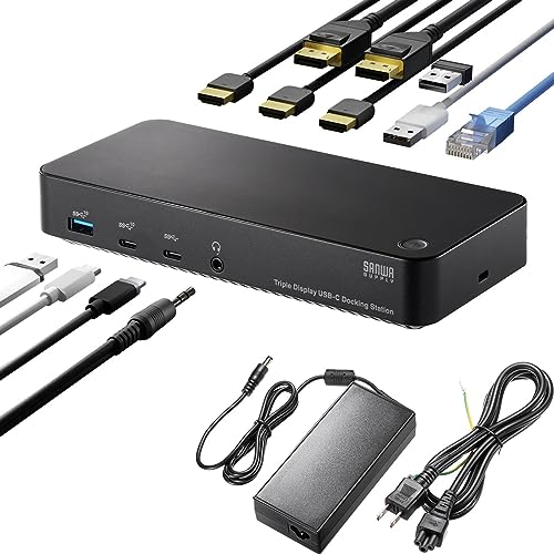 サンワダイレクト Type-C ドッキングステーション 3画面出力 10-in-1 HDMI 4K対応 PD100W 専用ACアダプタ付き Win/mac対応 400-VGA023