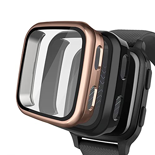 2パックケース Garmin Venu Sq スクリーンプロテクター 9H強化ガラス内蔵 NAHAI ハードPCカバーバンパー 全面傷防止シェル Garmin Venu Sq Music スマートウォッチ用 ブラック/ローズゴールド