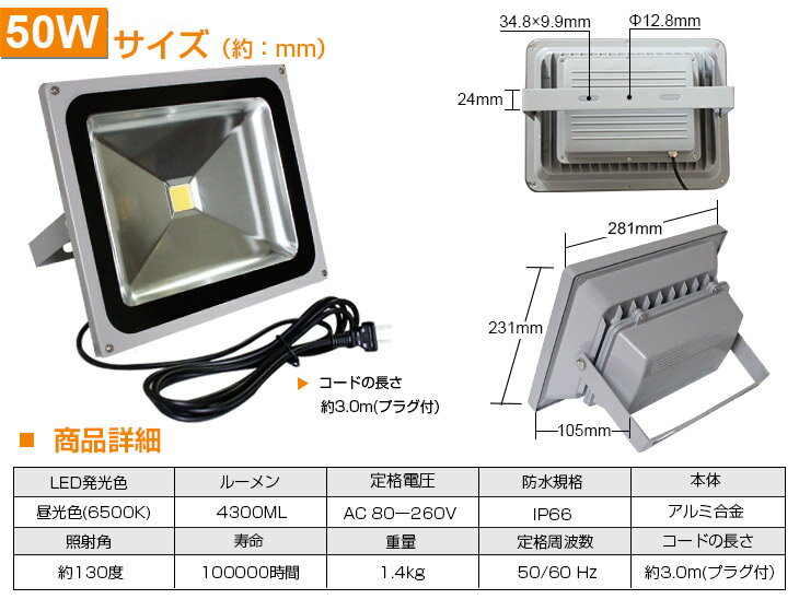 限定【7,680円】【あす楽】【4個セット】LED投光器 50W・500W相当 4300ML 昼光色6500K 作業灯 PSE取得済 LED 投光器 広角130度 防水加工 看板 屋外灯 3mコード［ledライト 壁掛け照明 看板灯 野外灯 作業灯 駐車場灯 ナイター 屋内 屋外 照明 船舶 人気］送料無料