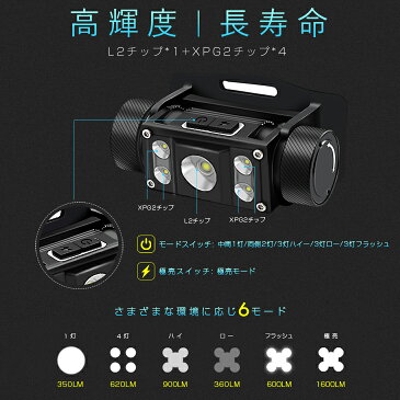 CREE 充電式 LED ヘッドライト 最強 LEDヘッドランプ L2チップ*1+XPG2チップ*4 6段階点灯 LEDヘッドライト 懐中電灯 5灯 明るい1600LM USB充電式ライト IPX4防水 SOSの効能 LED懐中電灯 作業灯 キャンプ 釣り アウトドア 登山 防災 ライト 災害対策【PSE認証済電池】