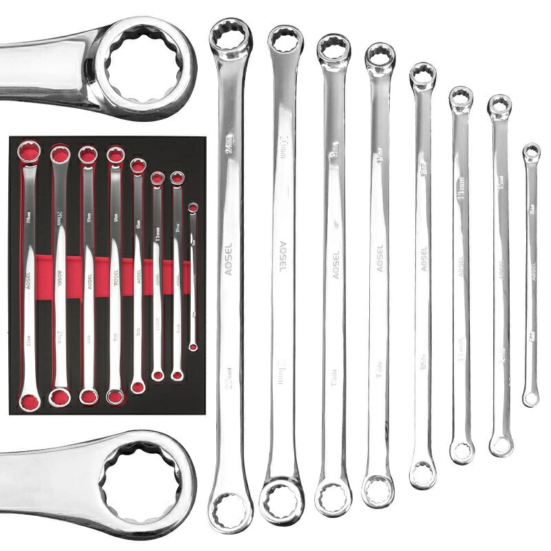 乐天商城 - 即納！超ロング 両口 ストレート 8本組 レンチ 8mm~24mm メガネレンチセット スパナセット ミラー仕上げ 8 10 11 14 16 18 20 22mm ミリ 収納ケース付 作業 自動車整備 電気工事のメンテナンス 配管補修