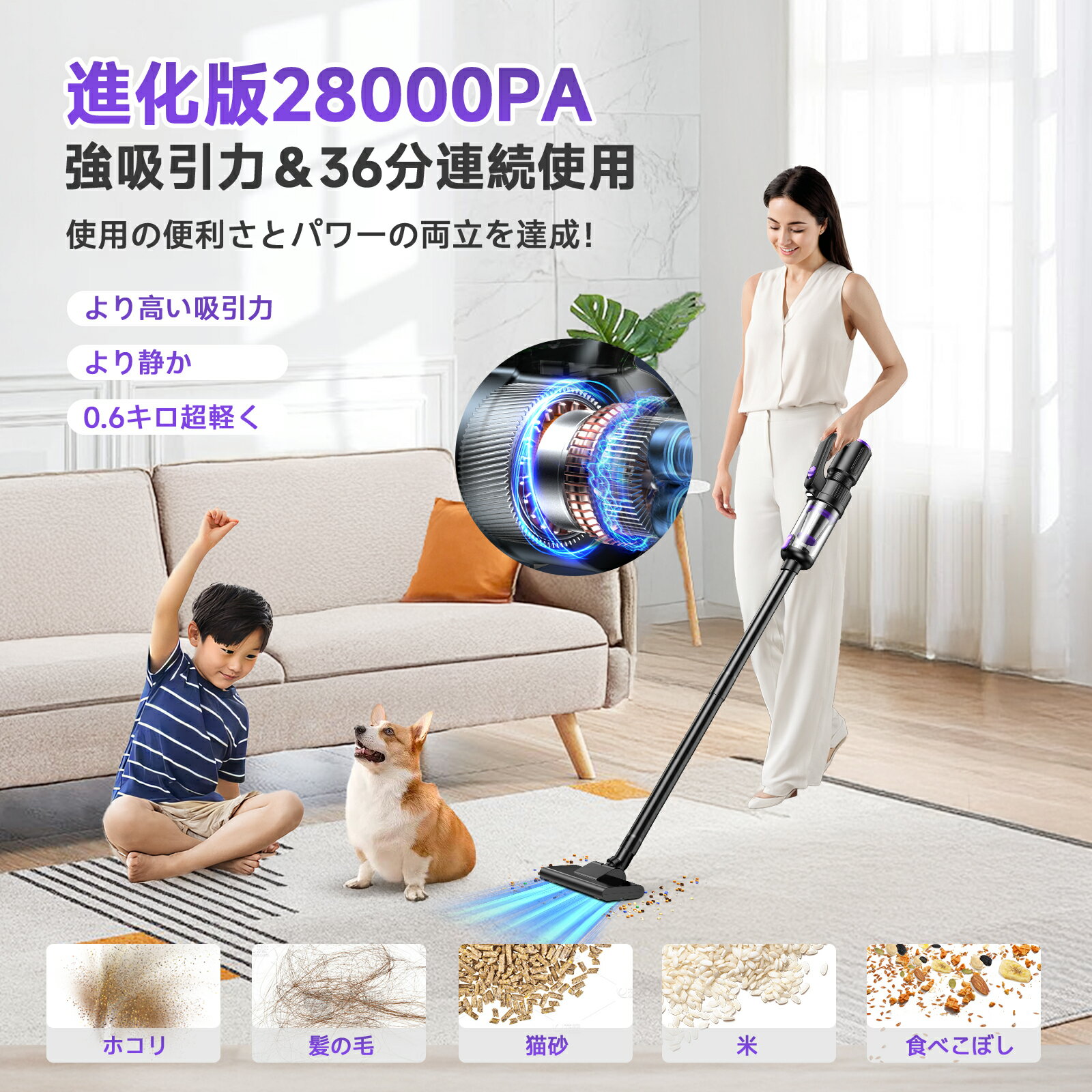 掃除機 コードレス 36分連続稼働 0.6kg Type-C充電式 6WAY LEDライト付 布団用ブラシ付 浮き輪やエ（2枚目）
