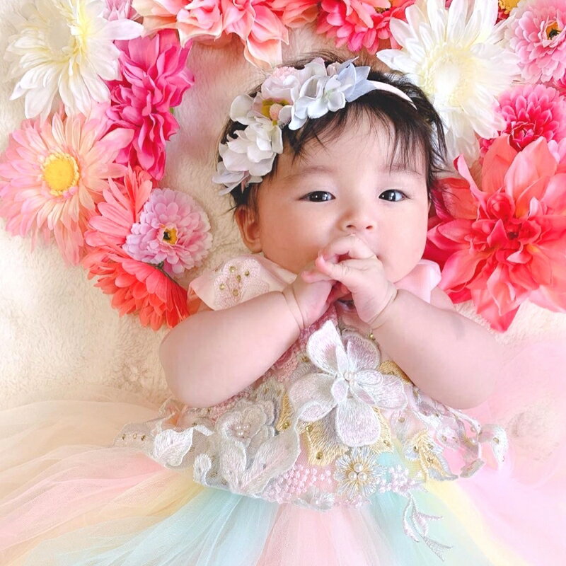 ベビー 髪飾り 赤ちゃん ヘアバンド 花冠 ヘアアクセサリー 花 花かんむり 子供 100日祝い 【ぽんぽんローズ・マカロ…