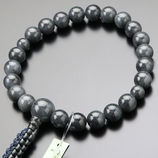 【現品お届け！】浄土真宗 数珠 男性用 22玉 黒ビルマ翡翠 正絹紐房（釈迦結び入り）【本式数珠 京念珠 京都 門徒 天然翡翠 本翡翠 黒翡翠 5月の誕生石 ヒスイ ジェダイト 天然石 法事 葬儀 高級数珠 高級品 贈り物 マイ数珠 IM 2000300300099】【数珠袋付き】【送料無料】