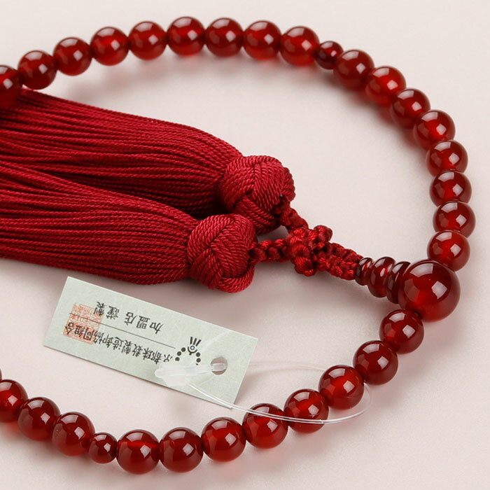 数珠 女性用 約7ミリ 本瑪瑙 正絹製・かがり房≪単色≫【略式数珠 京念珠 京都 7月の誕生石 メノウ アゲート みやこ房 正絹房 宗派共通 葬式 葬儀 法事 法要 7mm 赤 レッド マイ数珠 RJ RM JIM 2000200302087】【数珠袋付き】【送料無料】