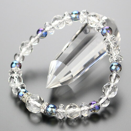 パワーストーン ブレスレット 約10・8mm カット水晶 約6mm 本水晶 ブルーオーラ そろばんカット水晶 ロンデル【天然石 4月の誕生石 女性用 レディース...