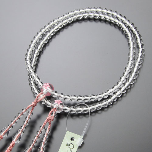 八宗派兼用 数珠 女性用 8寸 桜彫り 本水晶 正絹2色房【京念珠 108玉 京都 二連 葬儀 葬式 法事 法要 ..