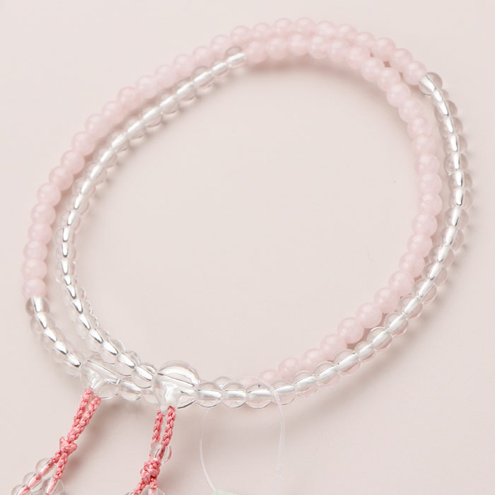 八宗派兼用 数珠 女性用 8寸 108玉 ローズクォーツ/本水晶 正絹2色房【京念珠 京都 紅水晶 八寸 二輪 二連 マイ数珠 お洒落 可愛い IM 102880066】【数珠袋付き】【送料無料】