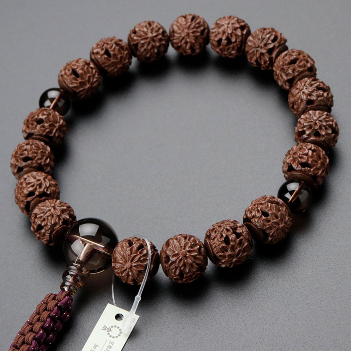 浄土真宗 数珠 男性用 18玉 菊花彫り 柘植 茶水晶 正絹製・紐房【本式数珠 京念珠 京都 真宗 門徒 スモーキークォーツ 煙水晶 マイ数珠 IM 101180045】【数珠袋付き】【送料無料】