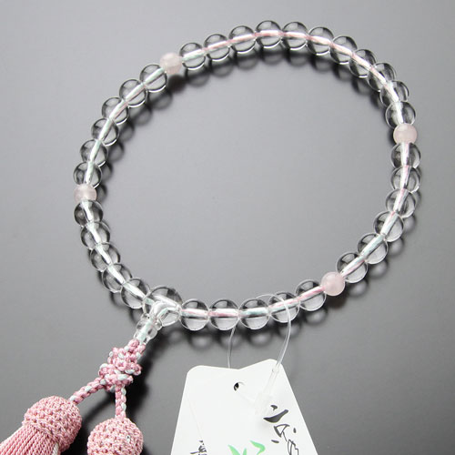 喜芳工房 念珠 数珠 女性用 約8ミリ 上質 本水晶 四天 紅水晶 正絹2色房【京のいろは】【略式数珠 京念珠 ローズクォーツ 京都 天然石 宗派共通 葬式 法要 じゅず きほう 透明 ピンク マイ数珠 JIM 2000200401445】【数珠袋付き】【送料無料】