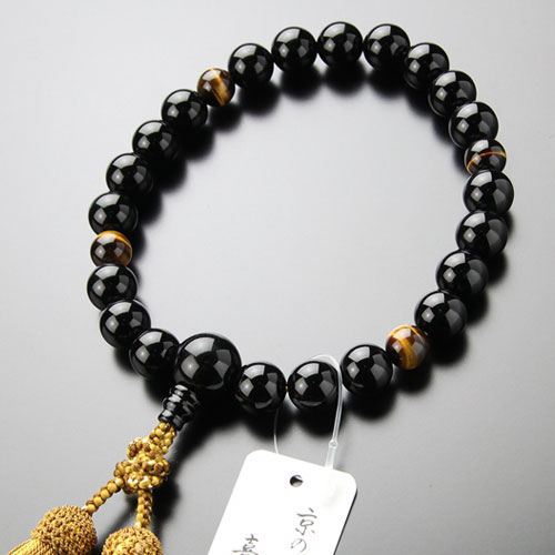 喜芳工房 念珠 数珠 男性用 21玉 オニキス 四天 虎目石 正絹2色房【略式数珠 京念珠 京都 黒オニキス ブラックオニキス タイガーアイ 虎眼石 法事 葬儀 葬式 法要 きほう 宗派共通 DIM 2000100401255】【数珠袋付き】【送料無料】