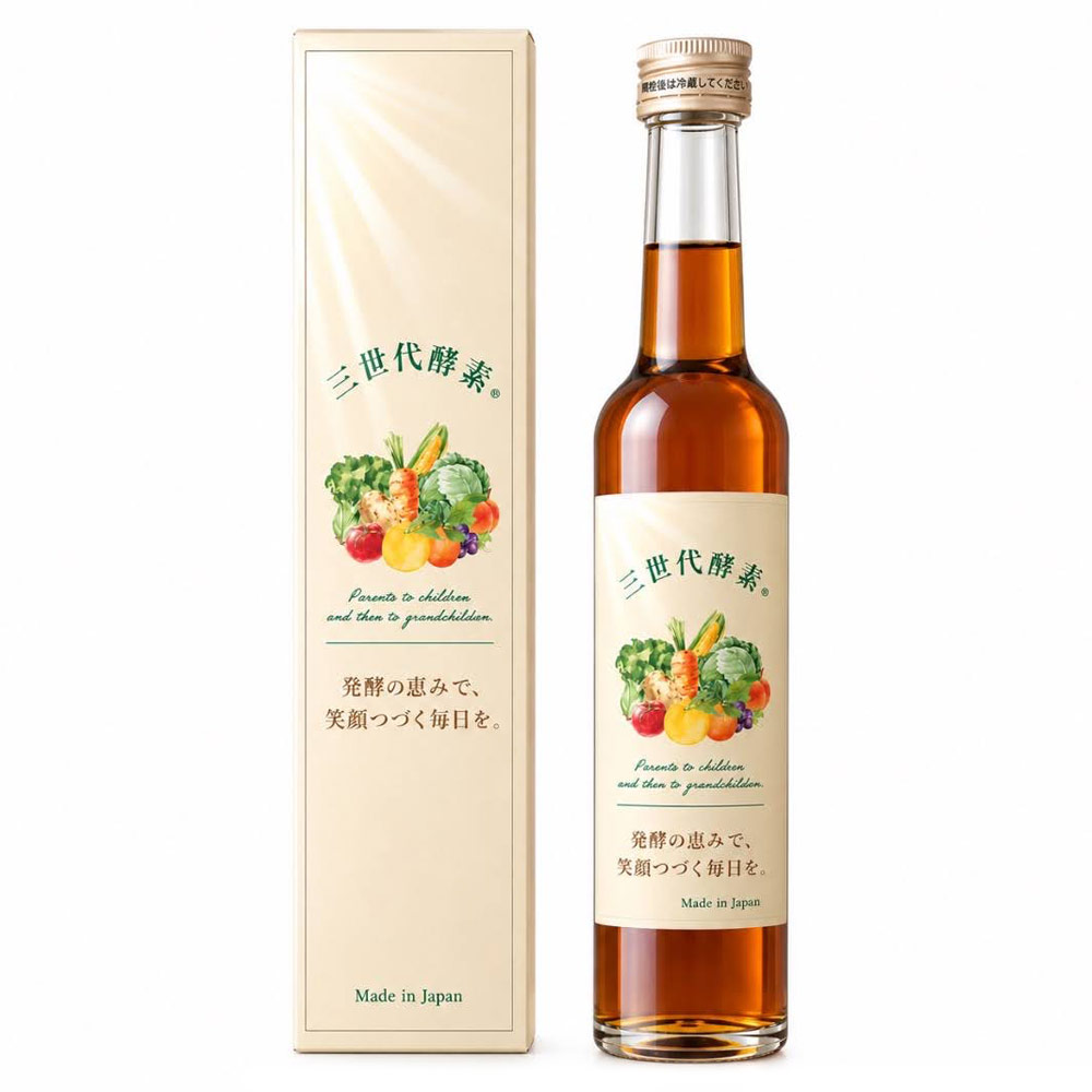 家族みんなで続けられる酵素習慣♪ 三世代酵素 500ml 酵素ドリンク 植物発酵エキス飲料 ◆100種類以上の国産植物を厳選し、独自の発酵技術で栄養をぎゅっと凝縮した熟成発酵飲料 国産植物100種以上使用 一杯に野菜300g分 安心の国内製造 保存料、着色料、香料等不使用 ●お子さまからご年配の方までの三世代が飲みやすい味となっており、濃厚ながらクセのない飲み心地で、まるで梅ジュースや柚子のような甘酸っぱさがあり、後味には発酵由来の風味がほんのり残ります。 ●500mlのシンプルなパッケージデザインは、冷蔵庫に収納しやすく、健康志向の方へのギフトにもおすすめです。 【使用方法】 1回30mlを目安に、水または60度以下のお湯で3倍程度に薄めて、軽く混ぜてからお飲みください。 健康のために1日1回～3回を目安に飲むことをおすすめします。 【ご使用上のご注意】 高温多湿及び直射日光を避けて冷暗所に保存して下さい。 開封後は冷蔵庫に保管してお早めにお召し上がり下さい。 商品名：三世代酵素 酵素ドリンク 内容量：500mL 原材料名：果葉類(国産)(トマト、力ボチャ、冬瓜(果実)、キュウリ、ニガウリ、スイカ、とうもろこし、ナス、ピーマン、オクラ)、根菜類(国産)(大根、人参、カブ、ジャガイモ、サツマイモ、ゴボウ、生姜、大和芋、長芋、レンコン、ヤマイモ、自然薯、里芋、ユリ根)、葉菜類(国産)(白菜、キャベツ、レタス、ブロッコリー、カリフラワー、小松菜、春菊、チシャ、ホウレンソウ、チンゲンサイ、菜の花、ウド、セロリ、アスパラガス、ズイキ、ミツバ、シソ、パセリ)、果実類(国産)(リンゴ、ミカン、梨、柿、桃、カリン、ビワ、梅、金柑、キウイ、イチゴ、メロン、アンズ、イチジク、イヨカン、サクランボ、ブドウ、スダチ、スモモ、アケビ(実))、麦芽糖、黒糖、ガラクトオリゴ糖、てんさい糖、ブドウ糖、梅果汁、豆類(国産)(インゲン、サヤエンドウ、ソラマメ、大豆、黒大豆、小豆)、キノコ類(国産)(推茸、シメジ、エリンギ、キクラゲ、舞茸、マッシュルーム、エノキタケ)、穀類(国産)(黒米、玄米、赤米、もちきび、ひえ)、海藻類(国産)(昆布、ワカメ、アオサ、ヒジギ、ノリ、モズク、テングサ)、植物類(国産)(オオバコ、タンポポ、クマザサ、クローバー、アオキ、ハコべ、ユキノシタ、キンミズヒキ、ヒナタイノコツチ若芽若葉、スギナ、イタドリ若芽若柴、セリ、ヨモギ、柿の葉、松葉、杉葉、檜葉、クコ葉、桑葉)、柚子果汁、有機アガべシロップ、有機ルイボス(非発酵)(南アフリカ産)、麦芽抽出物、麹菌、酵母、乳酸菌 アレルギー表示：やまいも・りんご・桃・キウイ・大豆 原産国：日本 広告文責：ブルーエナジー株式会社 086-230-0901 メーカー：株式会社SUNSEDAI 区分：日本製/ 健康ドリンク ※パッケージデザイン等は予告なく変更されることがあります。 酵素ドリンク SUNSEDAI 三世代 500ml 熟成酵素 発酵飲料 国産植物原料100% 3世代酵素 健康習慣 国産 家族 高齢者 健康飲料 子ども 柚子味 福岡県
