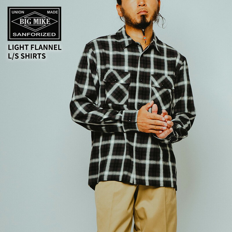 ビッグマイク メンズ 長袖シャツ BIG MIKE ライト フランネルシャツ Light Flannel L/S Shirts ネルシャツ チェックシャツ BLK×GRN×WHT 102615100