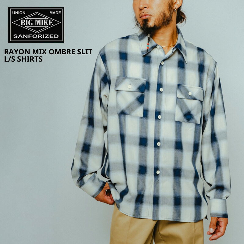 Rakuten - ビッグマイク メンズ チェックシャツ BIG MIKE レーヨン ミックス オンブレ スリット ロングスリーブ シャツ Rayon Mix Ombre Slit L/S Shirts WHT×BLUE 春 秋 薄手 102615201