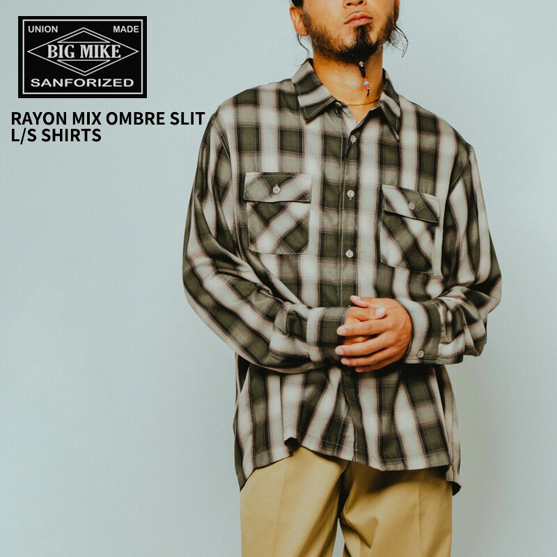 Rakuten - ビッグマイク メンズ チェックシャツ BIG MIKE レーヨン ミックス オンブレ スリット ロングスリーブ シャツ Rayon Mix Ombre Slit L/S Shirts GRY×PINK 春 秋 薄手 102615204