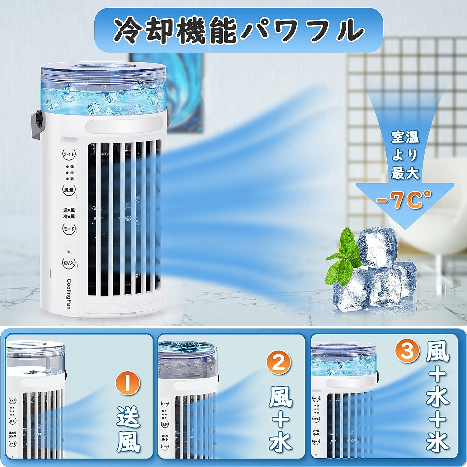水冷式扇風機 空気冷却 加湿 空気浄化 一台4役 USB給電式 LEDライト 強力 400ml大...