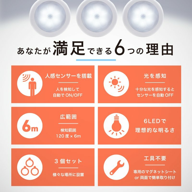 【送料無料】人感センサーライトLED3個セット電池式室内簡単取り付け玄関階段廊下天井照明足元灯自動点灯感知省エネ