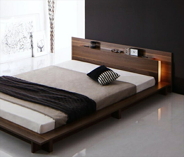 モダンライト・コンセント付きローベッド Burlington バーリントン 国産カバーポケットコイルマットレス付き ダブル 　「家具 インテリア　ベッド フロアベッド ローモダンスタイル 床板仕様 マットレス付き」