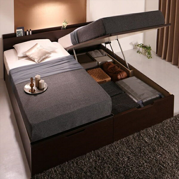 樂天商城 - お客様組立 棚・コンセント付国産大型サイズ跳ね上げ収納ベッド Landelutz ランデルッツ 薄型プレミアムポケットコイルマットレス付き 縦開き クイーン(SS×2)