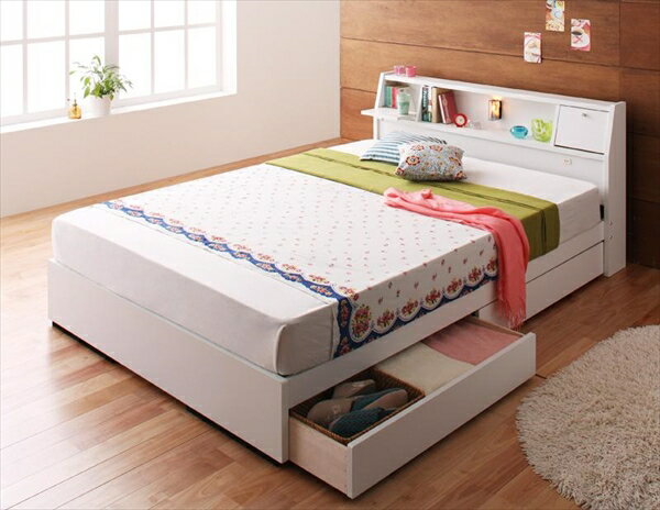 樂天商城 - 照明・コンセント付き収納ベッド【Miana】ミアーナ【ボンネルコイルマットレス付】シングル ボンネルコイルマットレスは2つ折り仕様　　「収納ベッド 木製　シングル」