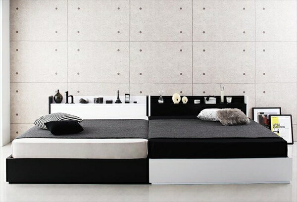 棚・コンセント・収納付き大型モダンデザインベッド【BAXTER】バクスター【ボンネルコイルマットレス：レギュラー付き】WK200（S×2）　「インテリア 大型 収納ベッド フレーム マットレス付き 棚 コンセント付 デザインベッド」