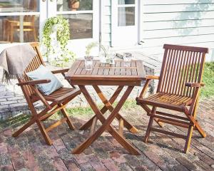 ガーデンファニチャーダイニングセット チーク天然木 折りたたみ式本格派リビングガーデンファニチャー 2人 3点セット(テーブル+チェア2脚) テーブル正方形 チェア肘有 W70