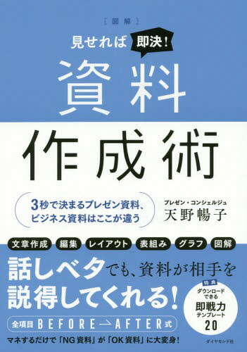 ご注文前に必ずご確認ください＜商品説明＞文章作成、編集、レイアウト、表組み、グラフ、図解。話しベタでも、資料が相手を説得してくれる!全項目BEFORE→AFTER式。マネするだけで「NG資料」が「OK資料」に大変身!＜収録内容＞第1章 資料作成の第一歩は「目的と構成」を考えること第2章 即決を引き出すプロの「文章作成」テクニック第3章 NG資料をOK資料に変える「編集」ノウハウ第4章 デザイン知識ゼロでもできる「レイアウト」のコツ第5章 数字のアピール力を高める「表組みとグラフ」の作り方第6章 言葉なしでも瞬時に伝わる「図解」の見せ方第7章 作成後の「アフターフォロー」で結果が変わる巻末資料 ダウンロードできる即戦力テンプレート20＜商品詳細＞商品番号：NEOBK-2086630Amano Yoko / Cho / ＜Illustrated＞ Misereba Sokketsu! Shiryo Sakusei Jutsu 3 Byo De Kimaru Presentation Shiryo Business Shiryo Ha Koko Ga Chigauメディア：本/雑誌重量：340g発売日：2017/04JAN：9784478101506〈図解〉見せれば即決!資料作成術 3秒で決まるプレゼン資料、ビジネス資料はここが違う[本/雑誌] / 天野暢子/著2017/04発売