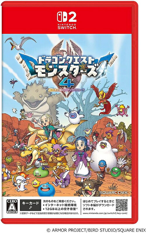 初回版：「冒険スタートダッシュセット」・魔物のエサ×10個・元気玉×3個・スキルのたね×5個ご注文前に必ずご確認ください＜商品説明＞■出会いは無限大！個性あふれるモンスターたち：本作には「ドラゴンクエスト」シリーズおなじみのモンスターたちがたくさん登場。仲間にしたモンスター同士をかけ合わせて配合すると、より強力な個体や、まだ見ぬ種族を生み出すことができます。自分好みにモンスターを育てたり、組み合わせを工夫して個性的なパーティを作ったりと、奥深い育成を楽しむことが可能です。■いつでもどこでも、仲間とともに冒険：本作では仲間のモンスターたちを連れ歩いて、一緒にフィールドを冒険できます。モンスターの種族やサイズは問わず、どんなモンスターでも連れ歩くことができるので、お気に入りのパーティとともに、未知の世界へ踏み出しましょう！■世界中のモンスターマスターたちと交流：通信機能を使えば、世界中のモンスターマスターとさまざまなバトルで遊ぶことができます。実力を競う真剣勝負から気軽な対戦まで、多彩なモードが用意されています。育て上げた自慢のパーティでバトルに挑み、豪華な報酬を手に入れましょう！※本作のパッケージ版は「キーカード」での販売となります。はじめてプレイするときにソフト本編がダウンロードされます。ダウンロードにはインターネット接続環境と12GB以上の空き容量*が必要です。*更新データなどで追加の空き容量が必要になる場合があります。【プレイ人数: 1人】【CERO年齢別レーティング: 全年齢対象】＜商品詳細＞商品番号：POT-P-ABLCAメディア：Nintendo Switch 2発売日：2026/12/03JAN：4988601012225ドラゴンクエストモンスターズ4 枯れ木の国のビアンカ・フローラ[Nintendo Switch 2] / ゲーム2026/12/03発売