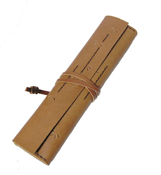 ペンケース・筆入れ・筆箱・ロール型ペンケース・巻きペンケース 牛革・本革 ヌメ革 “竹模様” アンティークブラウン 手縫い ハンドメイド 職人の手作り 日本製・...