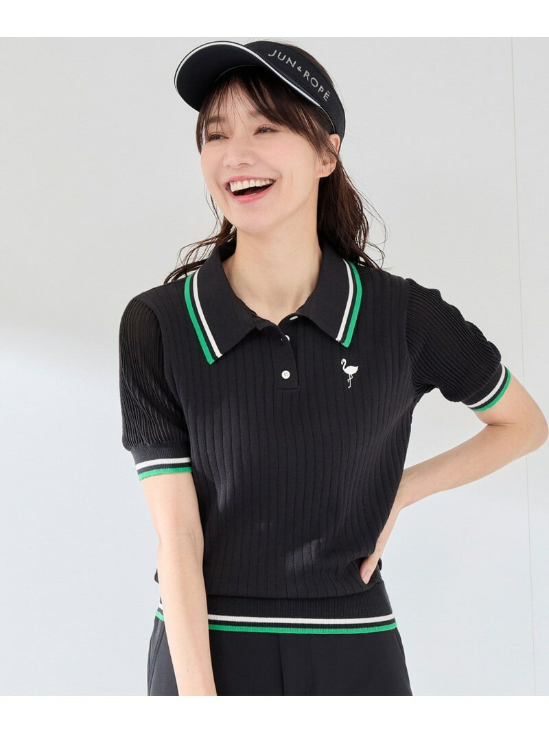【SALE/60%OFF】編地コンビ使い5分袖ニットポロ JUN&ROPE' ジュンアンドロペ トップス ポロシャツ ホワイト グリーン ブラック【RBA_E】...