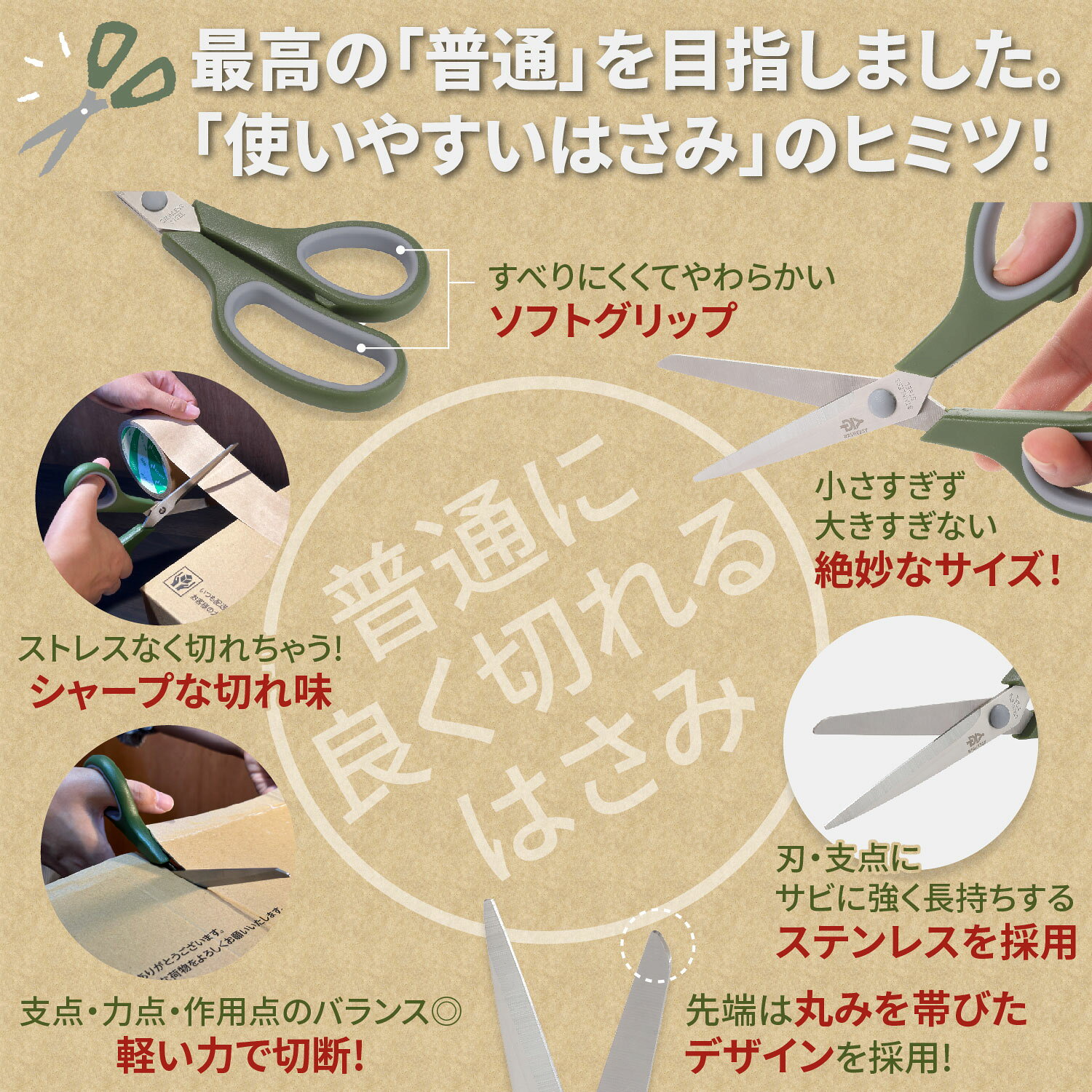 [ネセクト] ステンレスはさみ ベーシック 錆びにくい 切れ味抜群 刃渡85mm 全長210mm エラストマーグリップ シンプルデザイン[日本国内企画品 1年保証]