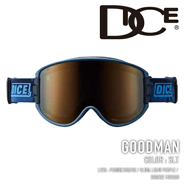 ■商品紹介 [GOODMAN] 「A-BLOW SYSTEM」を採用した大型平面レンズモデル DICE の代名詞となったゴーグル内換気システム「A-BLOWSYSTEM」を採用した平面レンズモデル。圧倒的な視野の広さと日本人に最適な抜群のフィット感で、今までに経験したことのない新しいゴーグル体験を提供します。 ■ブランド紹介 [DICE] 100年以上の歴史を持つ総合アイウェアメーカー「山本光学株式会社」が展開するスノーボード用ゴーグルブランド。 日本人の骨格を基にフレームやスポンジを作っているため海外発ブランドにはないフィット感が特徴です。 国産ブランドらしいクォリティの高さと長年の研究により、日本の雪山において最適なスノーゴーグルとされています。 ■仕様 LENS COLOR: Photochromic / Ultra Light Purple / Bronze Mirror | ライトパープル/ブロンズミラー(ULTRA調光) 晴天-曇天 可視光線透過率カテゴリー：S3-S3 フォトクロミック・テクノロジー（調光）を搭載したレンズ。ウルトラレンズの特徴である「凹凸が見やすい」機能はそのままに、晴天での眩しさを抑えるブロンズミラーが映えるレンズ。 A-BLOW SYSTEM サイドパーツを起こすと自動でレンズがポップアップ。レンズとフレームの間に換気に十分なスペースが生まれくもりを解消。常にレンズ内の環境をベストに保つことができ、クリアな視界をキープします。 ■保証 本品は日本正規品になります。 日本代理店のサポート、及びメーカー保証が付属いたしますのでご安心ください。 ▼ 注文前にCHECK ▼ お届けに関する大事な案内や セール情報など、当店の最新情報をまとめて案内中！