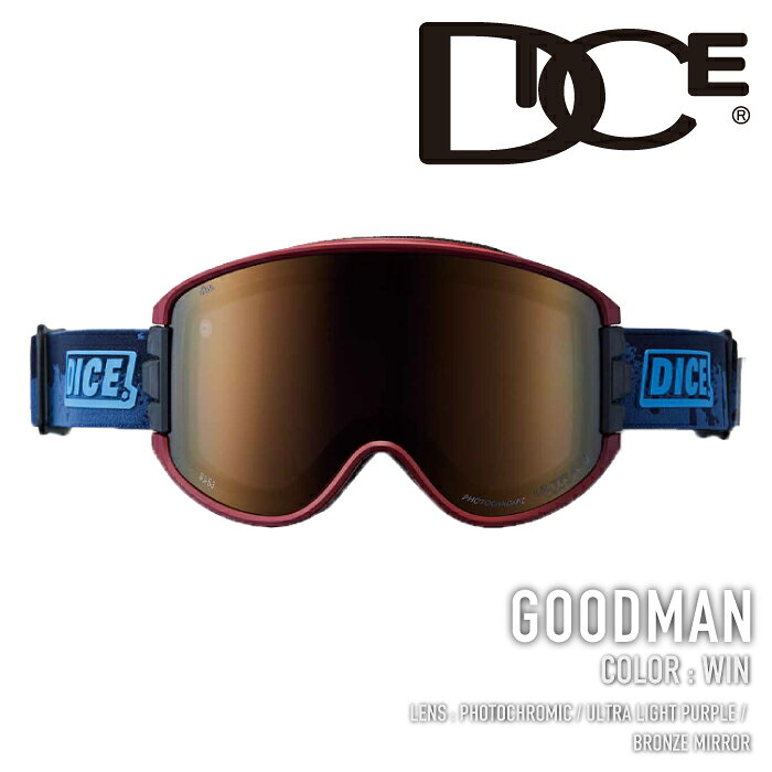 ■商品紹介 [GOODMAN] 「A-BLOW SYSTEM」を採用した大型平面レンズモデル DICE の代名詞となったゴーグル内換気システム「A-BLOWSYSTEM」を採用した平面レンズモデル。圧倒的な視野の広さと日本人に最適な抜群のフィット感で、今までに経験したことのない新しいゴーグル体験を提供します。 ■ブランド紹介 [DICE] 100年以上の歴史を持つ総合アイウェアメーカー「山本光学株式会社」が展開するスノーボード用ゴーグルブランド。 日本人の骨格を基にフレームやスポンジを作っているため海外発ブランドにはないフィット感が特徴です。 国産ブランドらしいクォリティの高さと長年の研究により、日本の雪山において最適なスノーゴーグルとされています。 ■仕様 LENS COLOR: Photochromic / Ultra Light Purple / Bronze Mirror | ライトパープル/ブロンズミラー(ULTRA調光) 晴天-曇天 可視光線透過率カテゴリー：S3-S3 フォトクロミック・テクノロジー（調光）を搭載したレンズ。ウルトラレンズの特徴である「凹凸が見やすい」機能はそのままに、晴天での眩しさを抑えるブロンズミラーが映えるレンズ。 A-BLOW SYSTEM サイドパーツを起こすと自動でレンズがポップアップ。レンズとフレームの間に換気に十分なスペースが生まれくもりを解消。常にレンズ内の環境をベストに保つことができ、クリアな視界をキープします。 ■保証 本品は日本正規品になります。 日本代理店のサポート、及びメーカー保証が付属いたしますのでご安心ください。 ▼ 注文前にCHECK ▼ お届けに関する大事な案内や セール情報など、当店の最新情報をまとめて案内中！